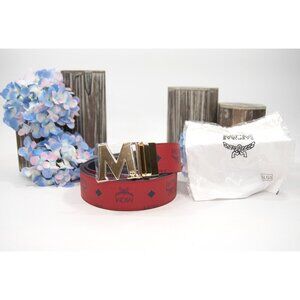 MCM Candy Red Visetos Leather Claus Silver Plated Buckle Reversible Belt NWT